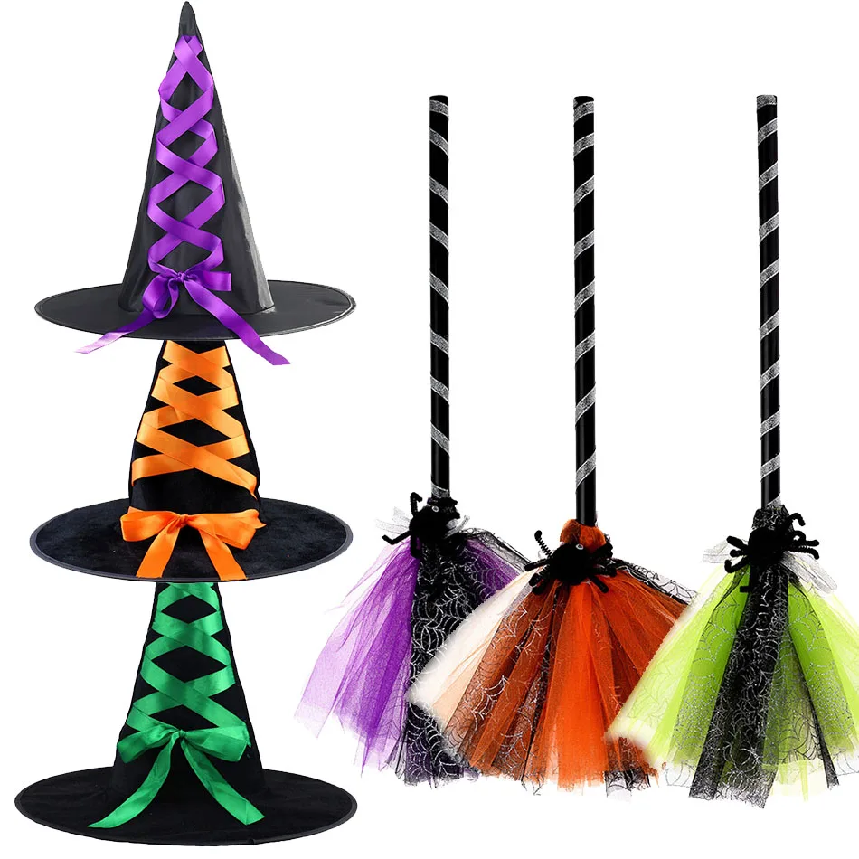 Kit Accessoires Sorcière Halloween – 6 Chapeaux + 6 Balais – Pour Enfants, Fête, Déguisement – Multicolore Ou Noir