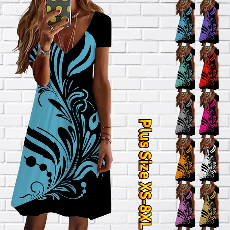 

2023 New Design Printing Slim Skirt Summer Daily Fashion Dress Casual Knee-length Skirt Women's Sexy V-neck Short-sleeved Skirt