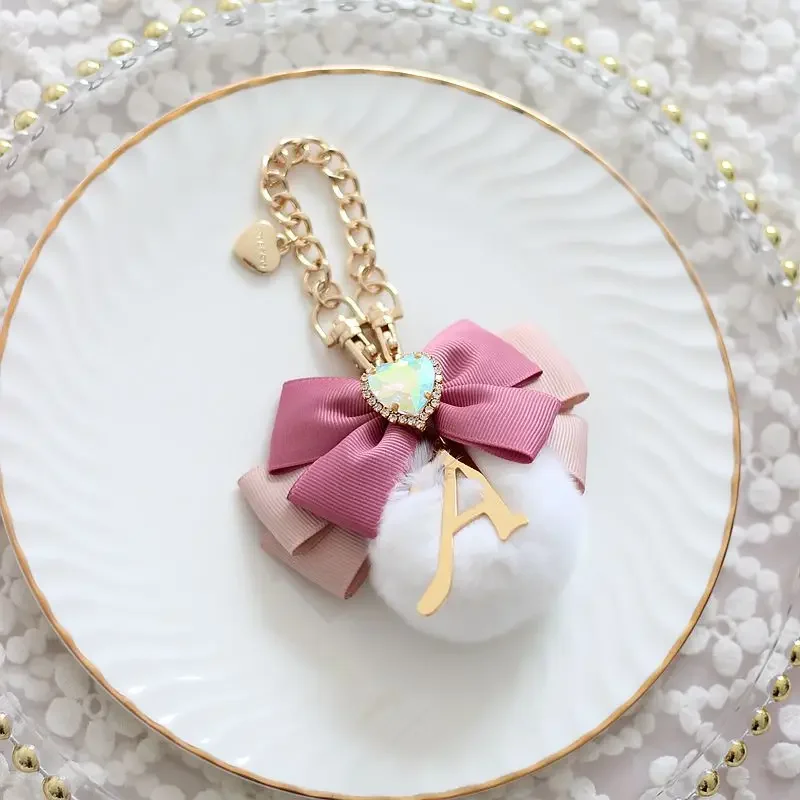 Japanese Liz Lolita Bowknot Hair Ball Gem Peach Heart Bag Pendant Sweet Metal Letters Bag Charms for Handbag Keychain for Women