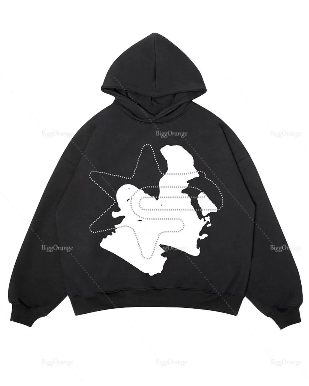 Harajuku Retro Face Print Men's and Women's Hooded Sweater Silhouette Shadow Print High Street Stitching Pullover Hoodie