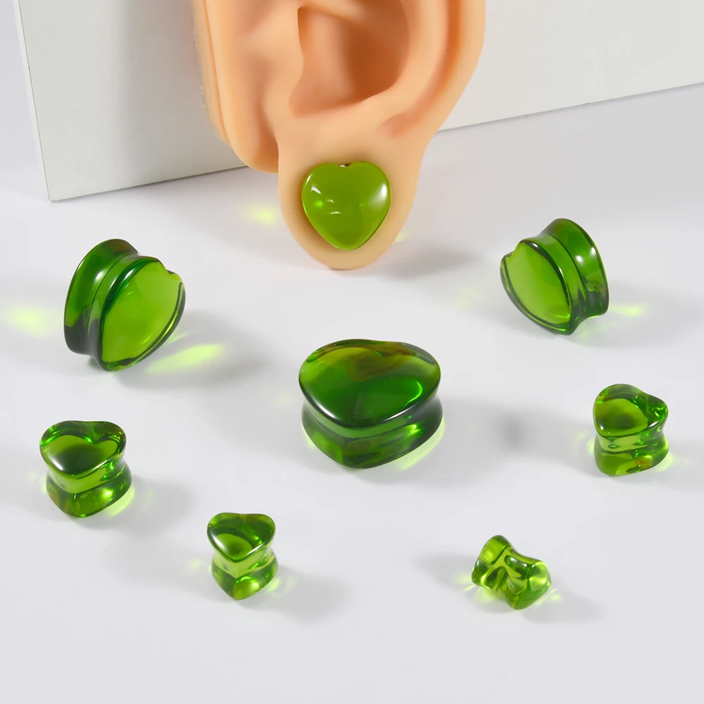 Emerald Heart Glass Ear Tunnels & Plugs Set