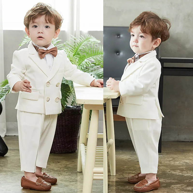 

Kids White Baptism Slim Fit Photography Suit Children Jacket Pants Bowite 3PCS Performance Costume Boys Birthday Wedding Dress