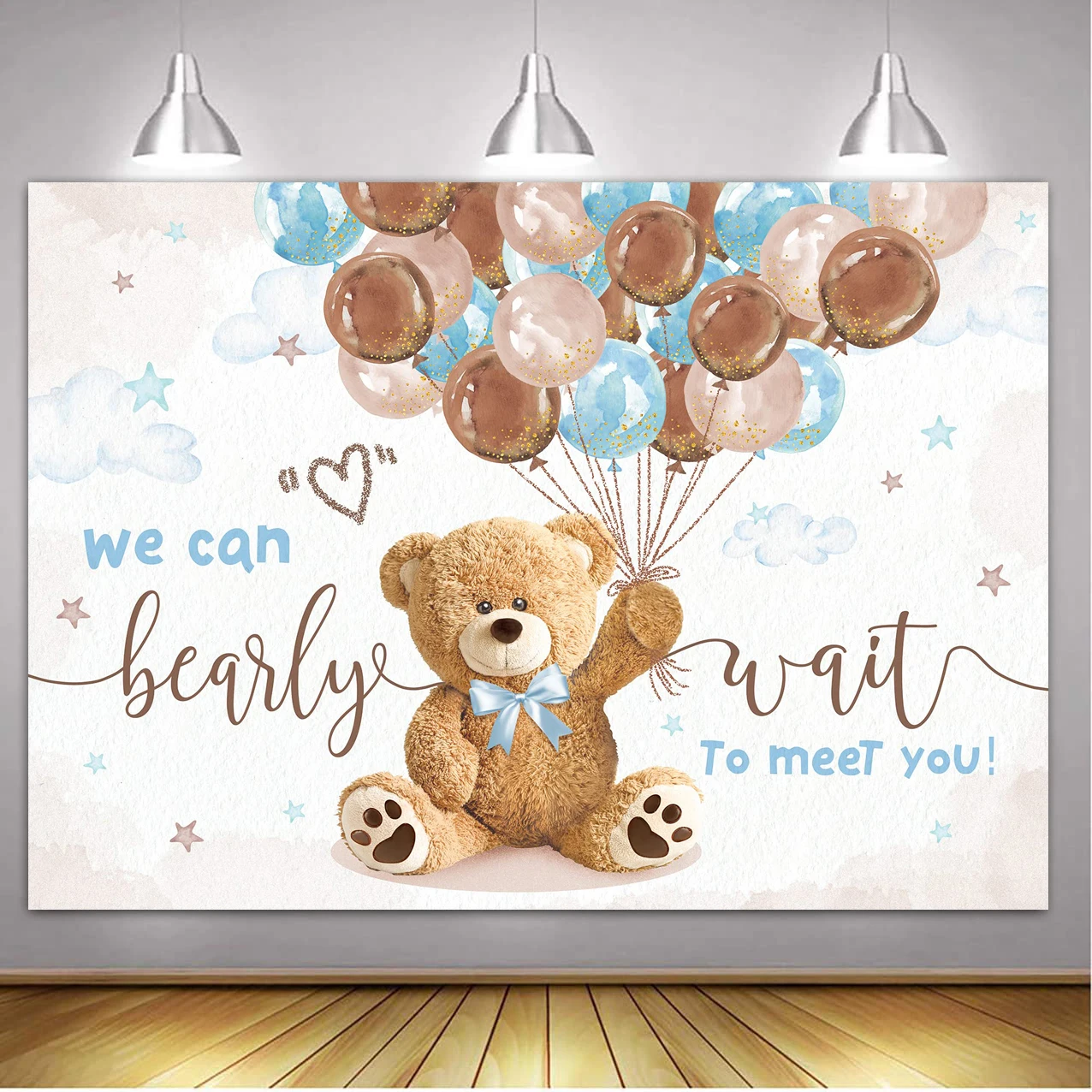 Teddy Bear Baby Shower Backdrop with Floral and Balloon Decor for Photography and Kid's Birthday Parties