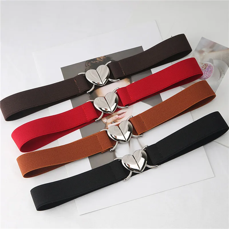 Women Elastic Belts Love Heart Metal Buckle Waist Dress Coat Sweater Decorative Elegant Exquisite Waistband Accessories