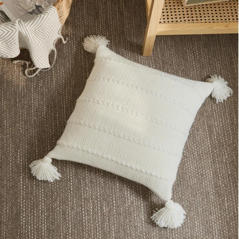 

Tassel Pillowcase Hotel Bed Sofa Backrest Waist Cushion Fresh Solid Color Fashion Minimalist Knitted Pillow Covers Decorative