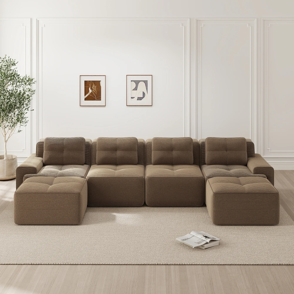 Luxuriöses U-förmiges Modulares Knochenloses Cloud-Sofa, Bequeme Cord-Couch, Montagefreies Rutschfestes Beige Sofa für Zuhause und Apartment – Detail 31