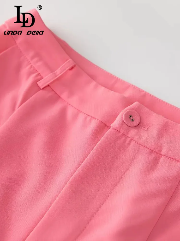 LD LINDA DELLA-Conjunto de pantalones rosas de pasarela para mujer, abrigo de media manga con cinturón y pantalones acampanados, conjunto de 2 piezas