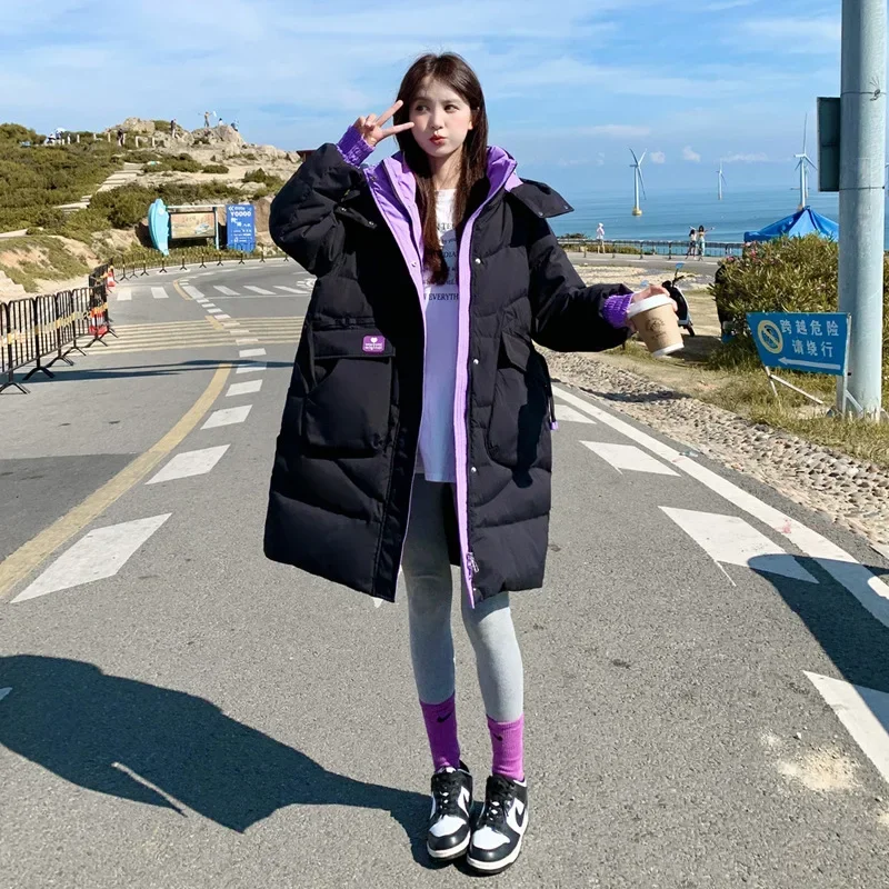 Macaron Color Down Jackets Hooded Women Husky Ladies Coats Mid-length 2023 Plus Size White Duck Loose Cargo Black Green Parkas