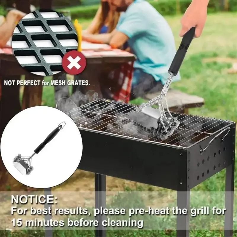 3-in-1 Grill Brush And Scraper Stainless Steel Bristle Free BBQ Cleaning Brush Grill Handle Wide Scraper Barbecue BBQ Tool