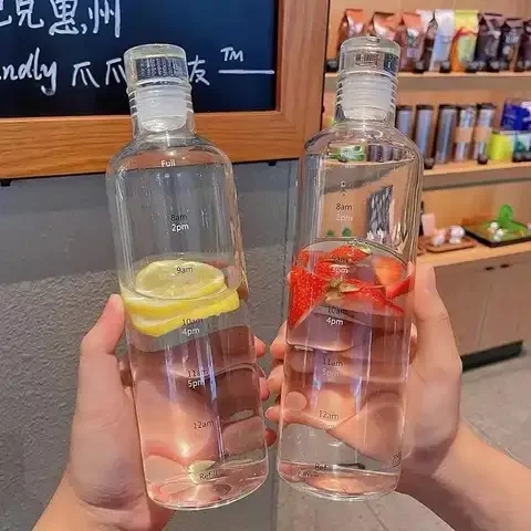 

Glass Bottle With Large Capacity 500/750ml Time Marker Cover For Water Drinks Transparent Milk Juice Simple Cup Birthday Gift