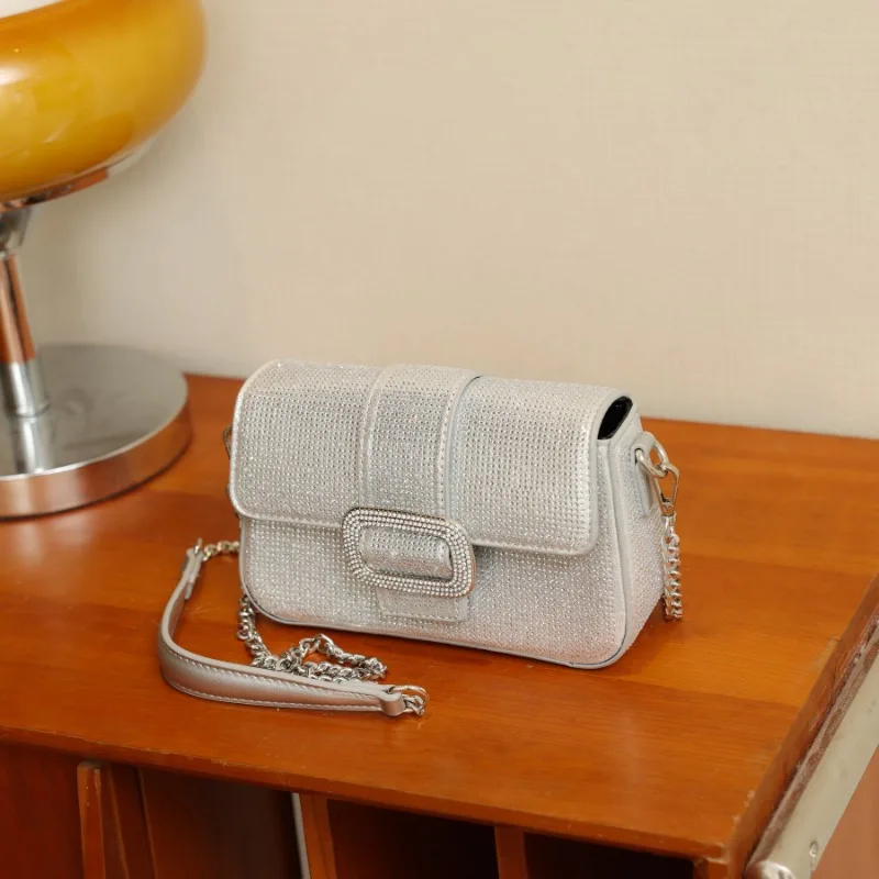 Stylish Rhinestone Evening Clutch Bag Fashion Women's Small Square Bag 2024 Trend Chain Single Shoulder Crossbody Flap Bag
