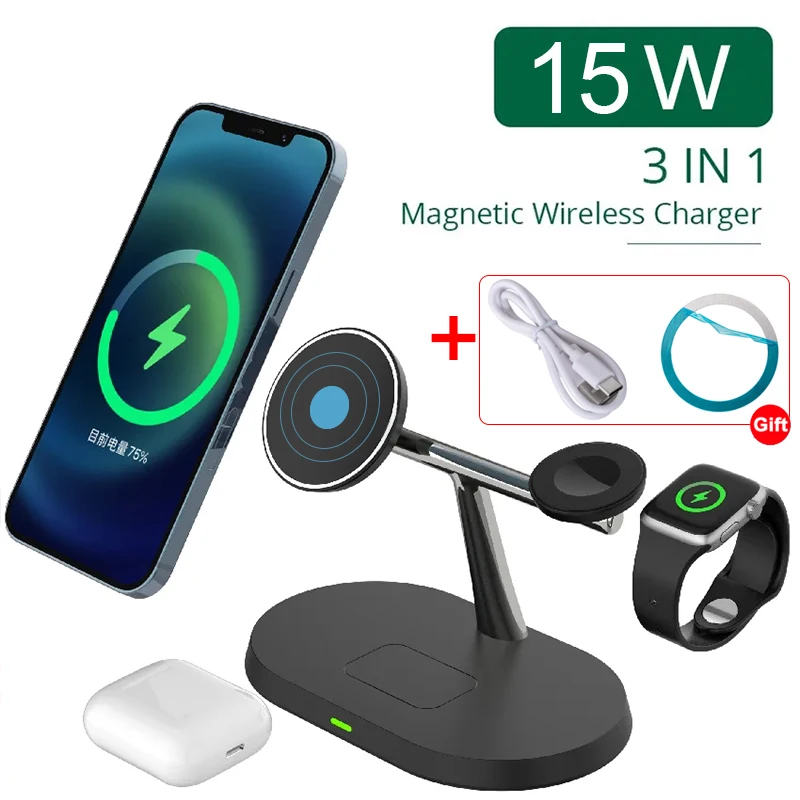 

3 In 1 15W Magnetic Wireless Charger Stand for iPhone 15 14 13 12 Pro Max For iWatch Fast Charging Station Dock