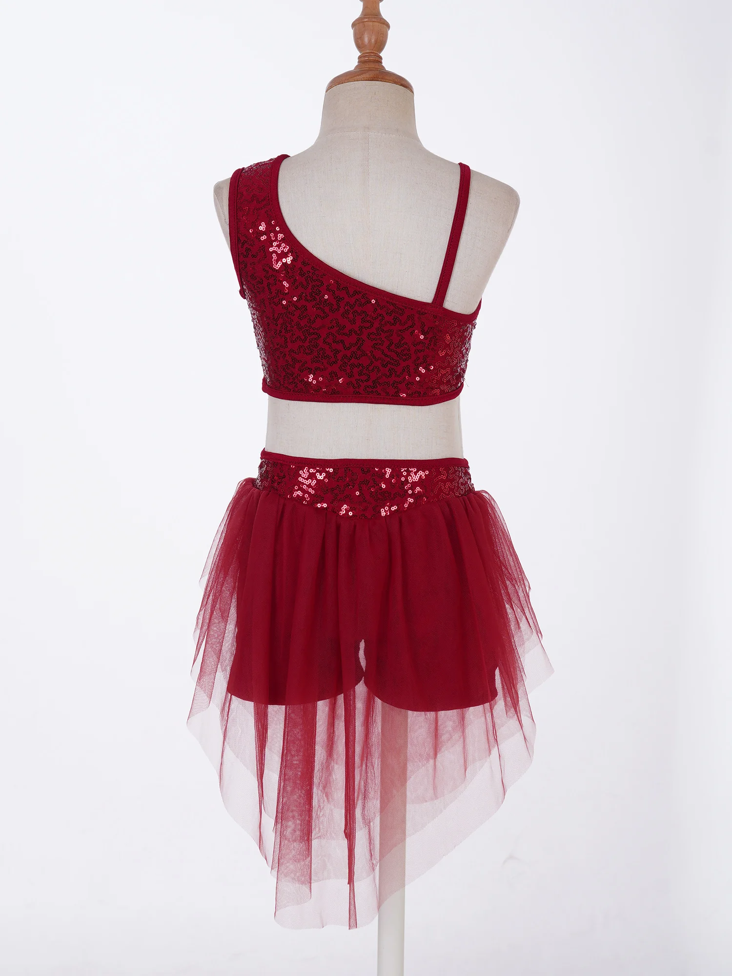 Kids Girls Shiny Dance Crop Top with Skirt Spaghetti V Neckline Sequins Stage Performance Ballet Dance Dress Dancewear