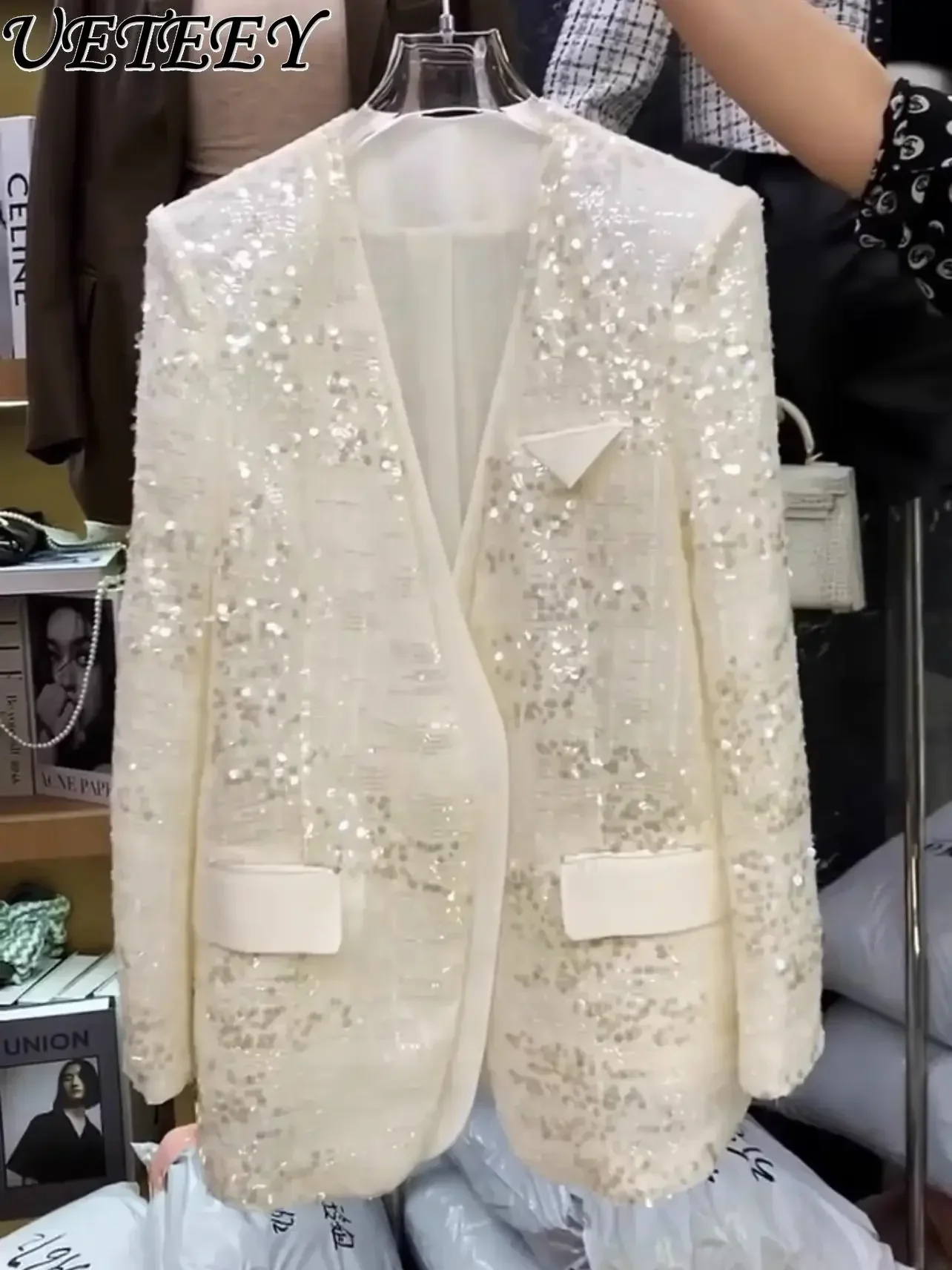 Temperament V-neck Long Sleeve Ladies Sequined Blazer Coat Women Mid-Length Trendy Thin Shiny Jacket 2023 New Fall Women Clothes 1