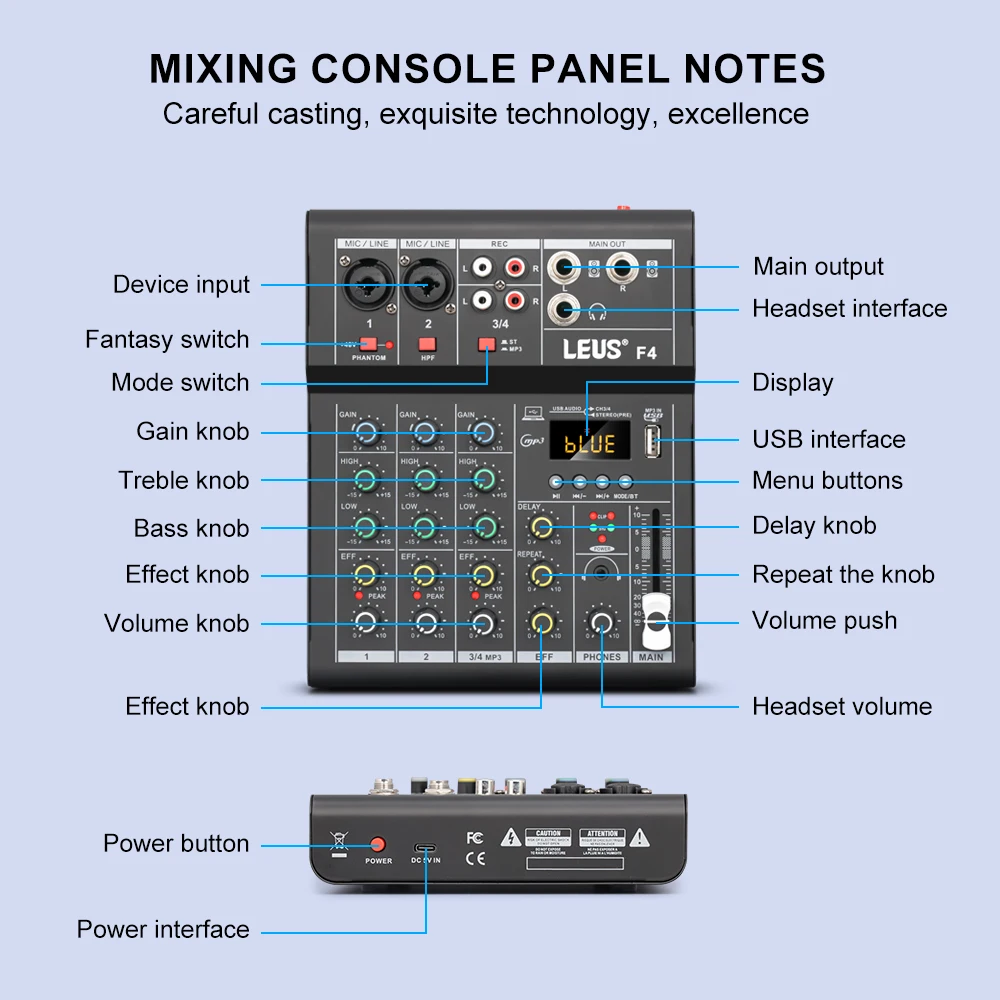 LEUS F4 Mixing Console Audio Interface Bluetooth USB Record PC 48V Phantom Power Delay Repaeat Effect 4 Channels DJ Sound Mixer