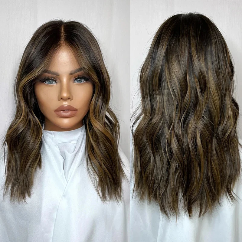 Natural Women"s Wig Dark Brunette Highlight Lace Front Wigs Synthetic Hair Chocolate Ash Brown Lace Wigs Heat Resistant Fiber
