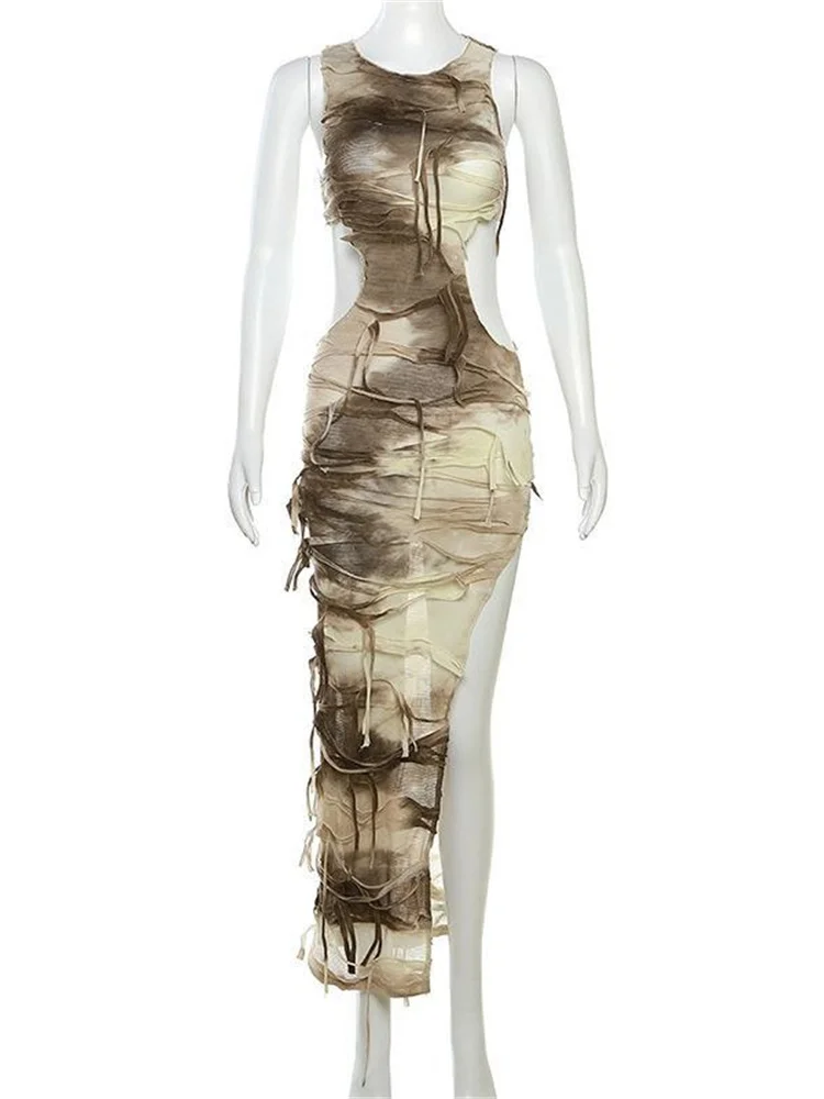 WJFZQM Sexy Tassel Bodycon Clubwear Fashion Street Tank Dresses Sleeveless  High Split Hollow Out Bandage Long Dress 2023 Autumn