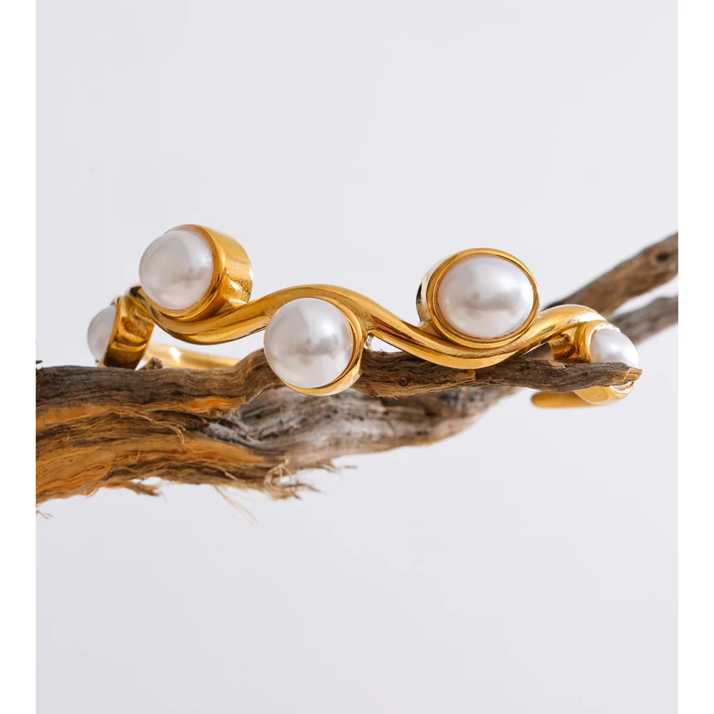Yhpup 60mm Stainless Steel Simulated Pearls Open Cuff Bracelet