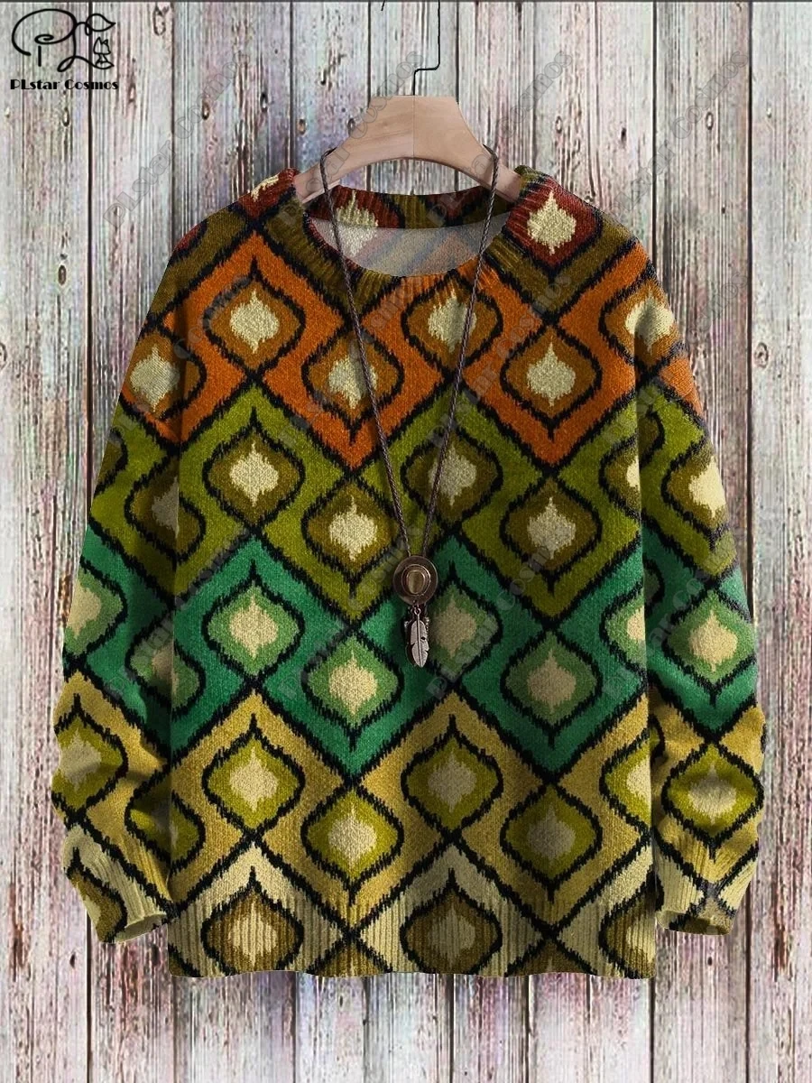 

PLstar Cosmos new 3D printing retro pattern series Christmas warm ugly sweater street casual unisex winter sweater F-3