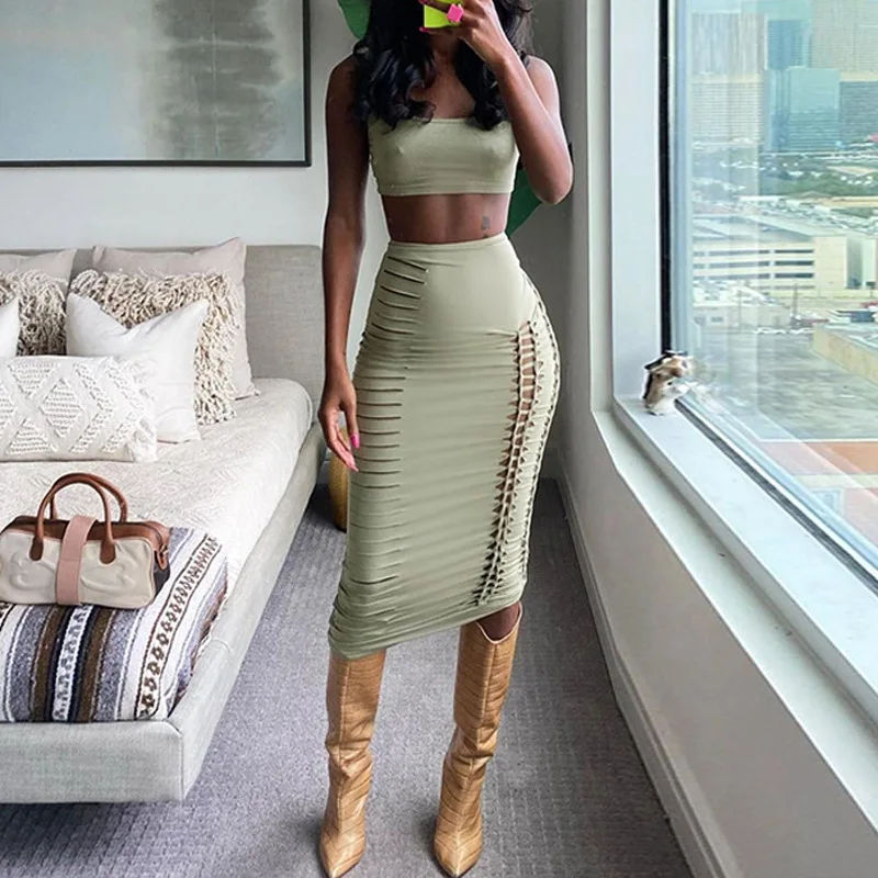 

Zabrina Fashion Green Tank Tops 2 Piece Sets Women Outfit Summer Sexy Hollow Out Bodycon Midi Skirts Y2k Lady Clothes Wear Party