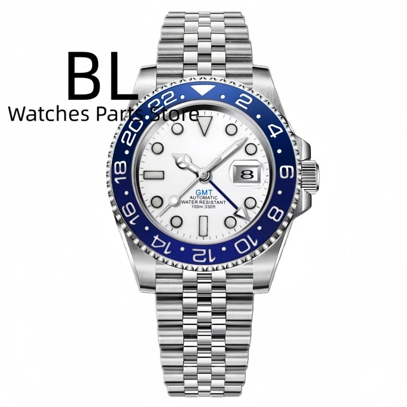 BLIGER 40mm Customizable Logo Blue GMT Watch For Men Black White Dial Green Luminous Sapphire Glass Waterproof Reloj Hombre Date