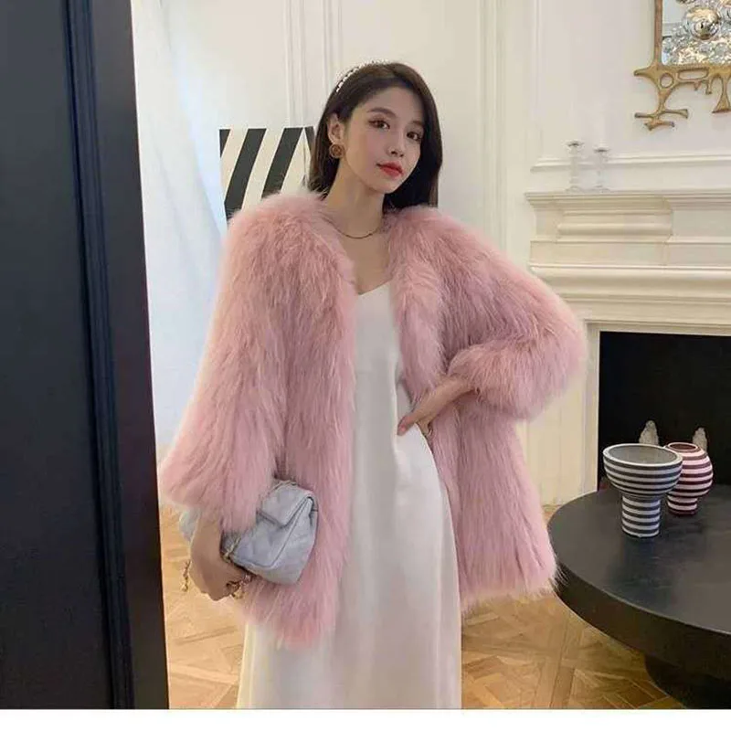 Imitation Autumn And Winter Western Style New Fox Hair Imitation Young Fur Coat Women's Slim Fit Mid Length Mesh Red Fur Coat