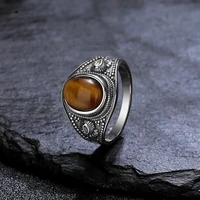 Silver Vintage Ring Oval 8x10MM Natural Tiger's Eye Stone Ring for Men Women Gift Luxury Rhodochrosite Jewelry 925