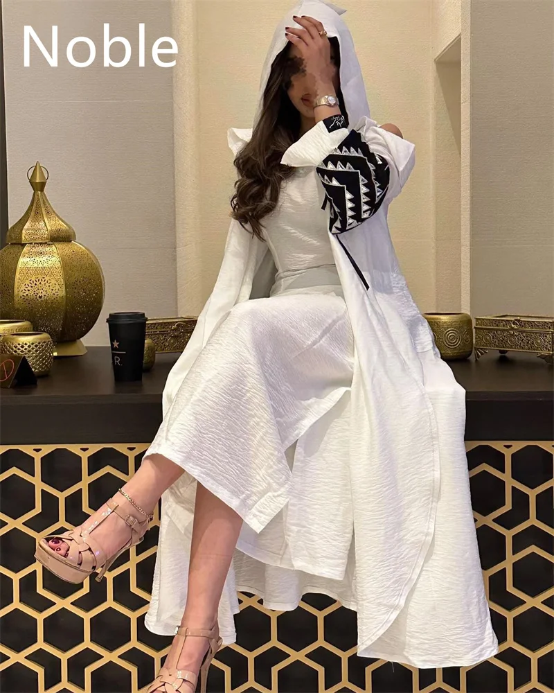 

Noble White A-Line Square Neckline Summer Formal Evening Dress 2023 Long Sleeves With Hat Custom Gowns Prom Dress