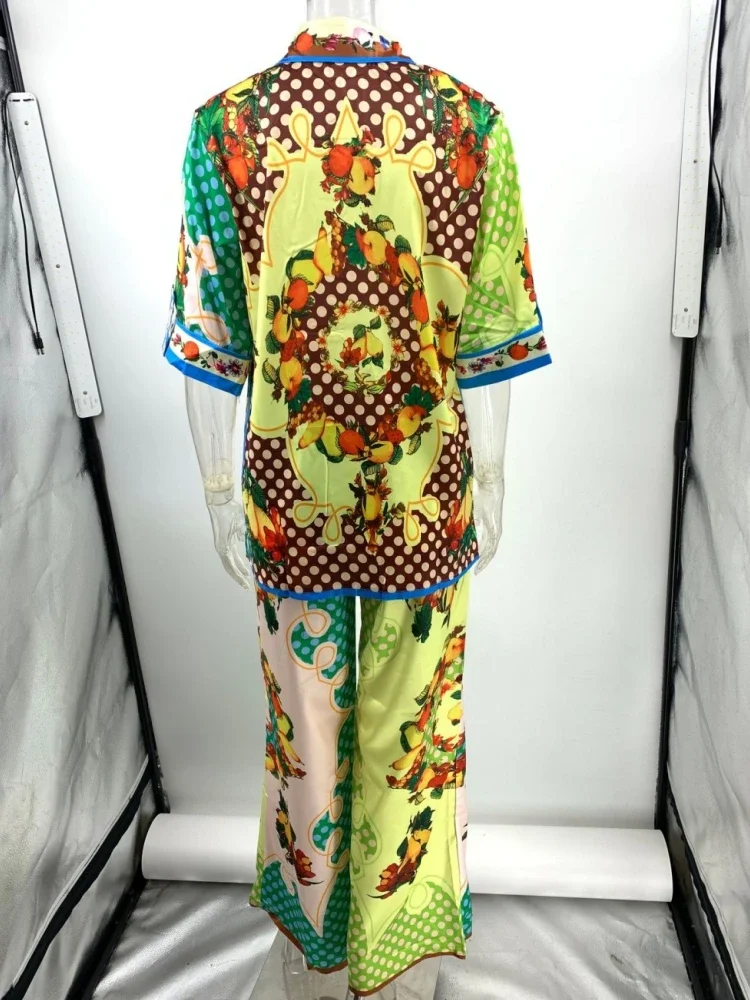 2024 New Patchwork Print Loose Two-piece Women's Casual Short-sleeved Shirt Pant Suit Summer Beach Wear