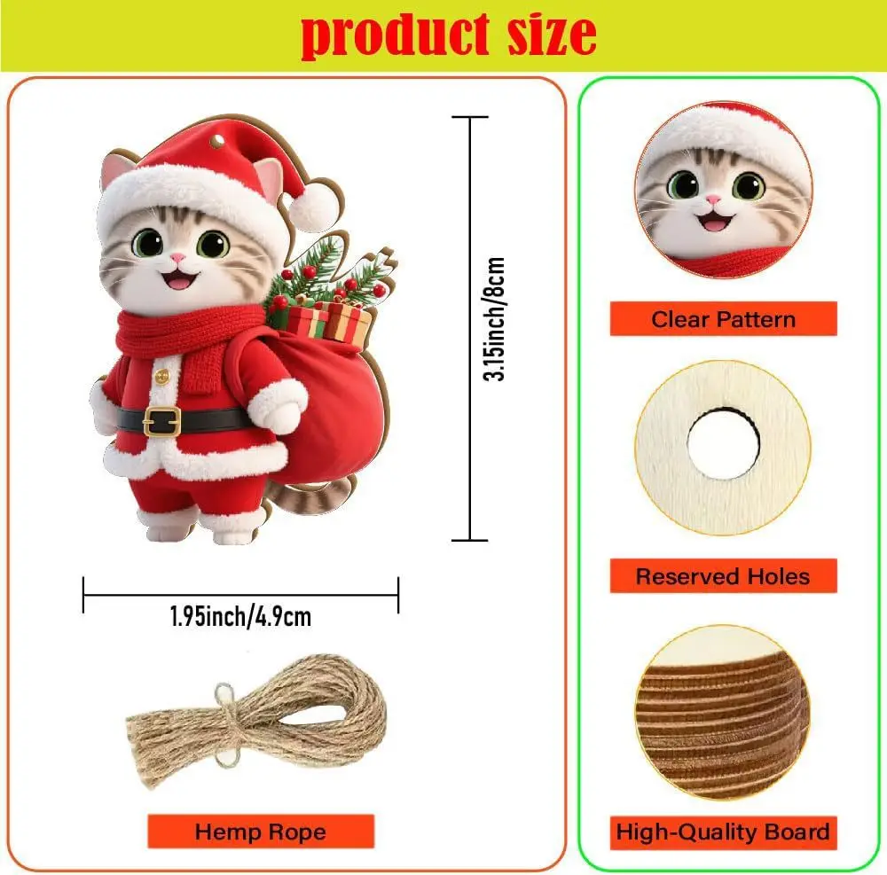 2D Flache 12 Stück Weihnachts-Holzanhänger Kreative süße Katze Mottoparty-Dekorationen Weihnachtsbaum-Anhänger Festliche Lieferungen – Detail 5