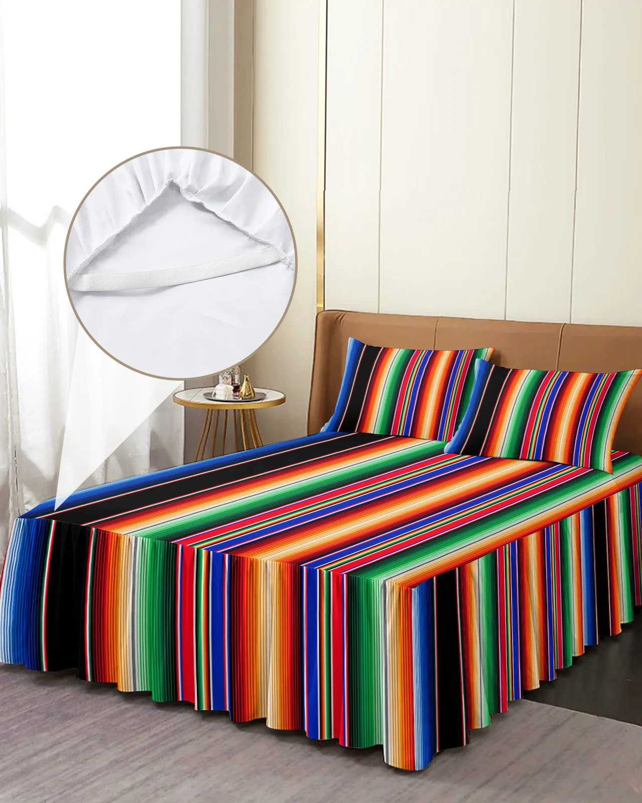 

Mexican Stripes Colorful Stripes Bed Skirt Elastic Fitted Bedspread With Pillowcases Mattress Cover Bedding Set Bed Sheet
