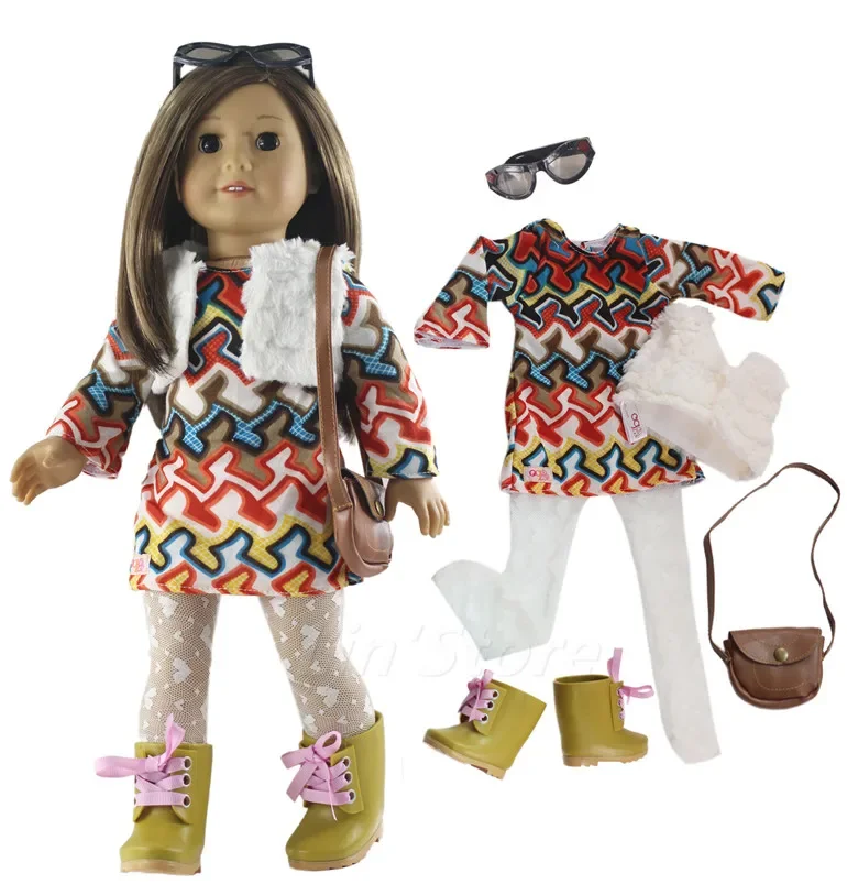 

6 PCS Set Doll Clothes Outfit Coat+dress+tights+bag+glasses+boots for 18 inch American Doll Many Style for Choice A04