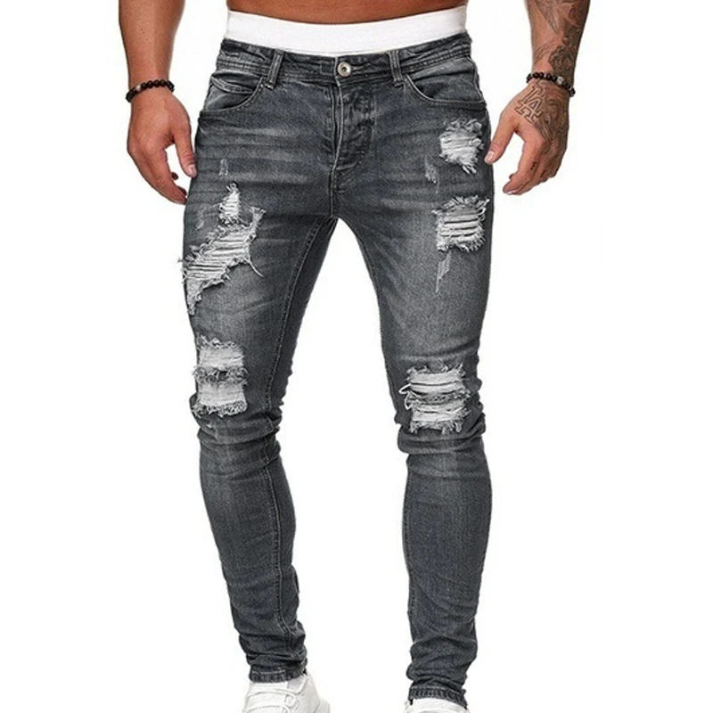 Spring Summer New Solid Color Fashion Jeans Man High Street Casual Slim Harajuku Pants Men Zipper Pockets Hole All-match Trouser