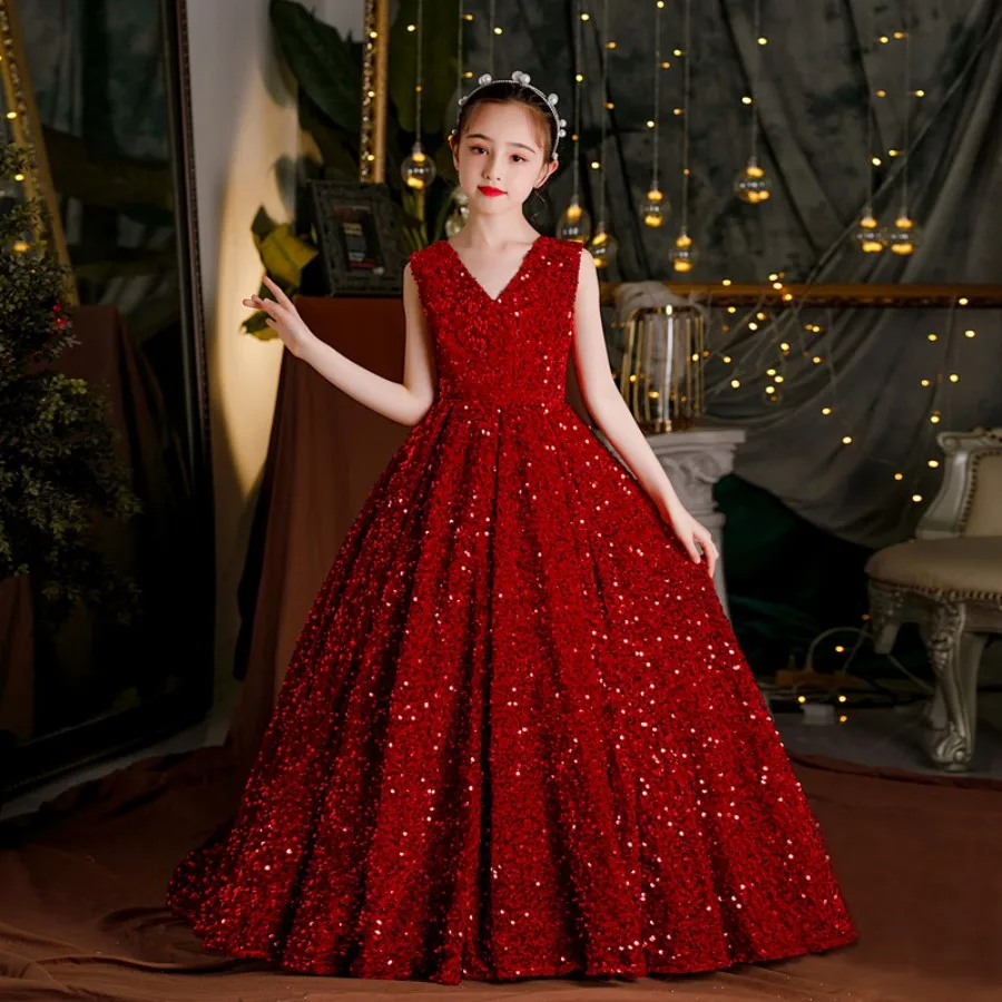 

Girls Bling Sequined Back Tie Short Sleeve Gala And Wedding Party Dress 3 To 14 Years Teen Festive And Special Occasion Gown Red