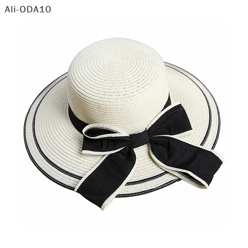 (ODA10)Summer Beach Bow Straw Hat For Women Large Brim Sun Protection Hat Fashion Vacation Sunshade Visors