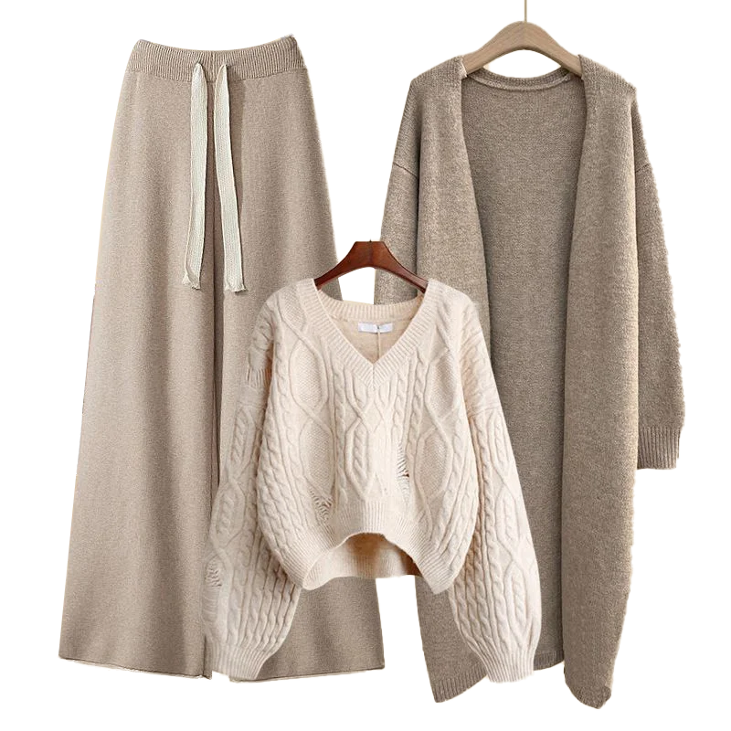طقم نسائي ثلاثي القطع للخريف والشتاء: سترة محبوكة...