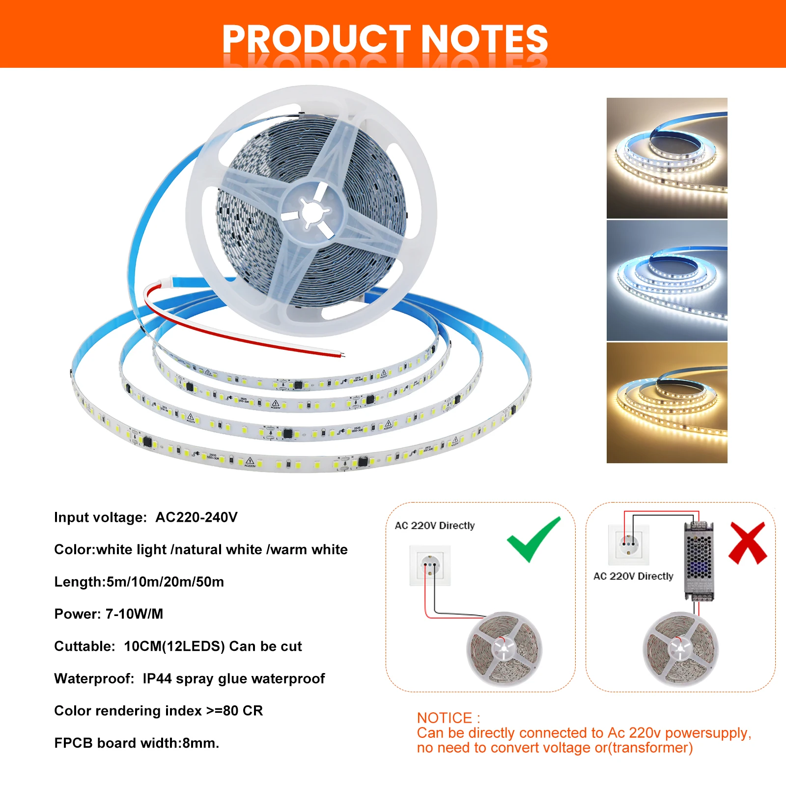 10m 20m 50m 220V 2835 LED 스트립 라이트 드라이버 불필요 고휘도 120LEDs/M 유연 테이프 조명 IP44 방수 가정용 조명