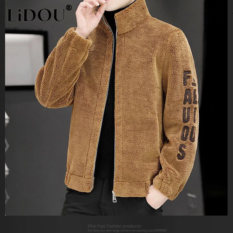 Spring Autumn New Trendy Temperament Handsome Fashion Male Coat Casual Simple Solid Color Loose Warm Lamb Fleece Top Men Clothes lamb coat male winter thickened korean version fashion new handsome cotton padded jacket loose couple fashion brand warm