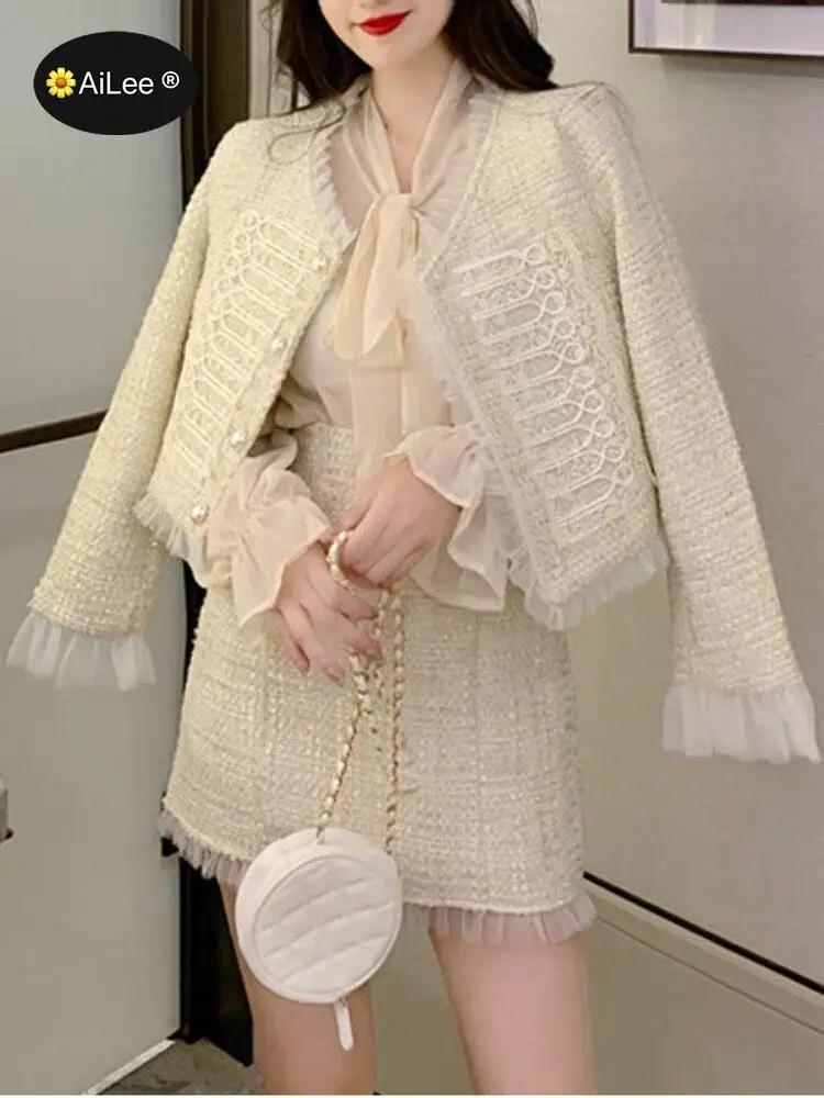 Winter Wool Temperament Matching Sets Retro O Tweed Mesh Jacket Short Long Sleeve Cardigan Slim Top Mini Coat Pleated Skirt Chic