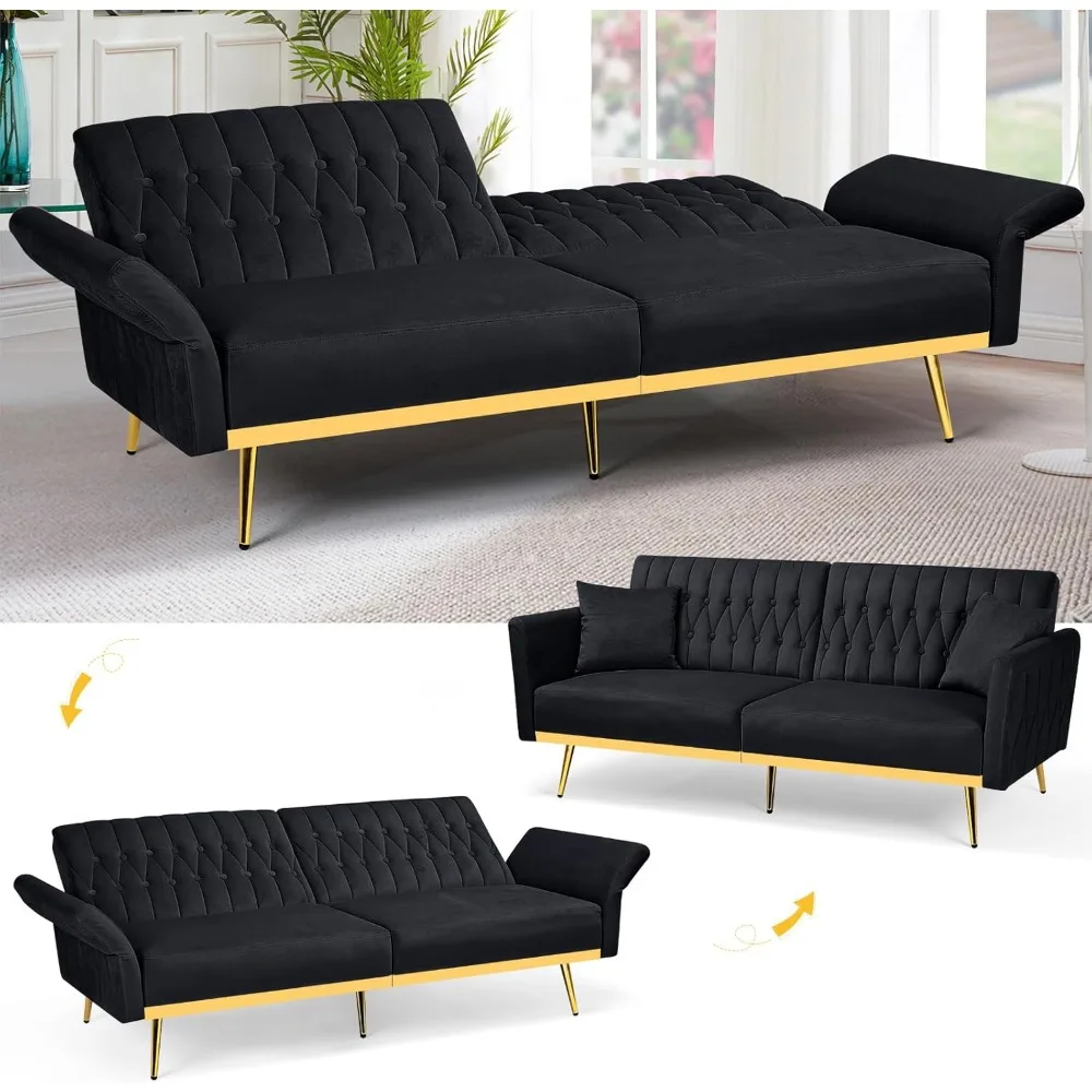 70” Velvet Futon Sofa Bed with Pillows – Convertible Loveseat Sleeper with Adjustable Backrests & Armrests 4
