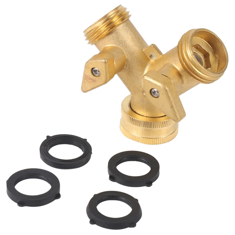 

NEW-Garden Hose Splitter 2 Way - Hose Y Splitter,Hose Faucet Splitter,3/4 Inch Brass Hose Adapter Connectors Shut Off Valve