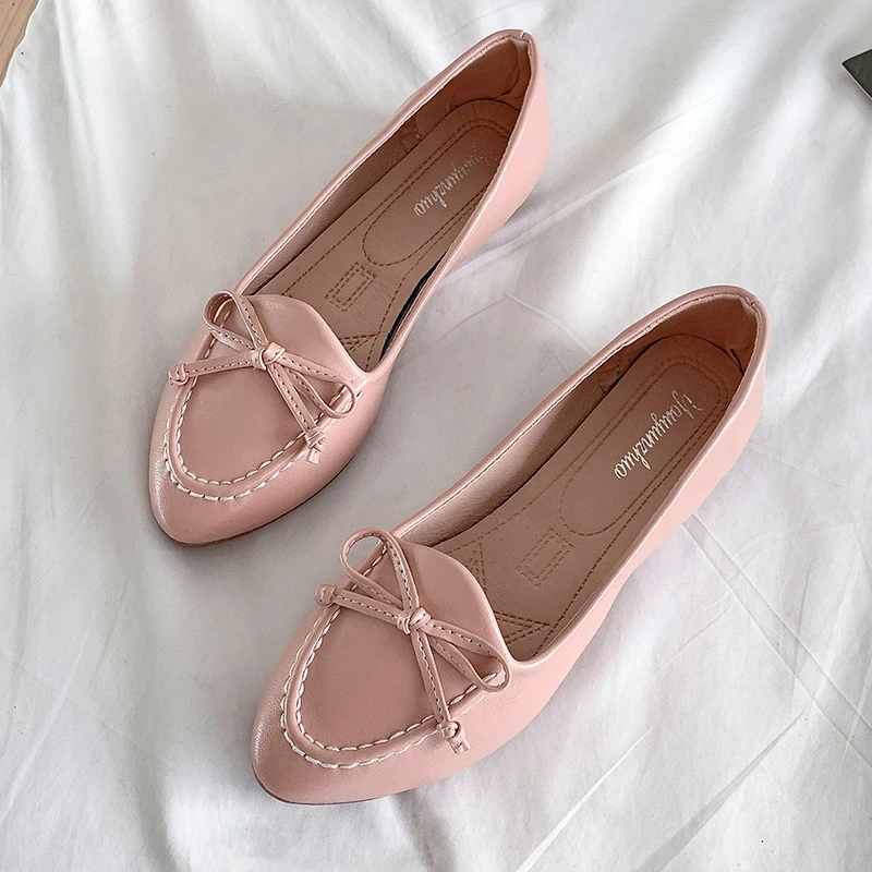Zapatos tacón bajo con lazo calzado informal de piel sintética, con punta puntiaguda, para trabajo, - AliExpress