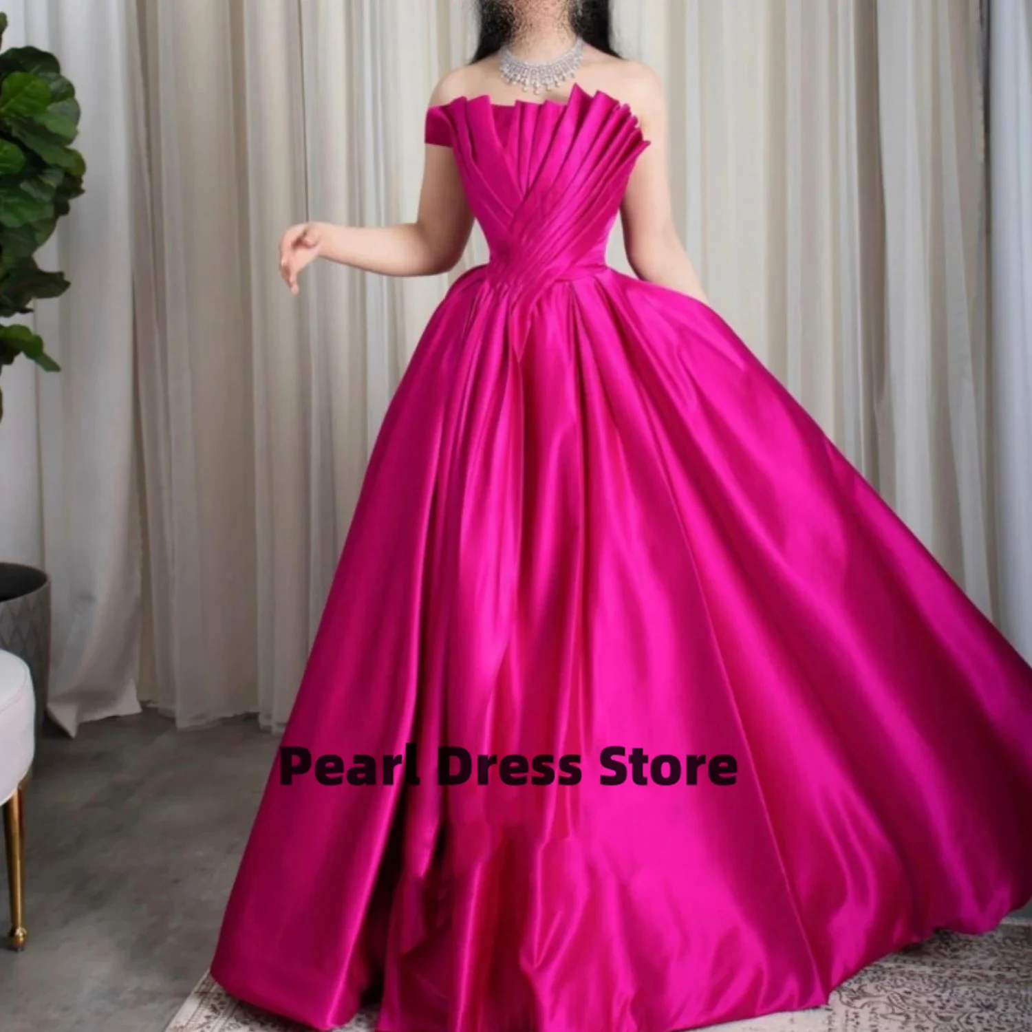 

Ball dress pleated strapless satin A-line Dubai formal evening dress women's party occasion dress evening party