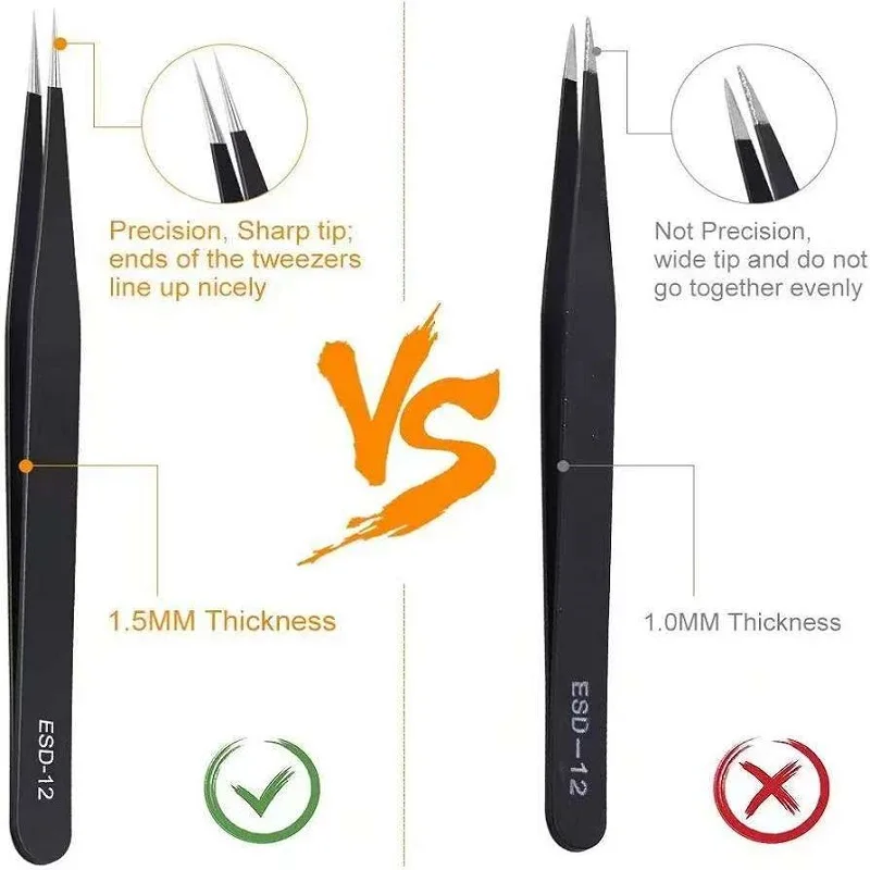Anti Static Precision Tweezers ESD Stainless Steel Industrial Repair Multipurpose Tools For Electronics Soldering Craft Jewelry