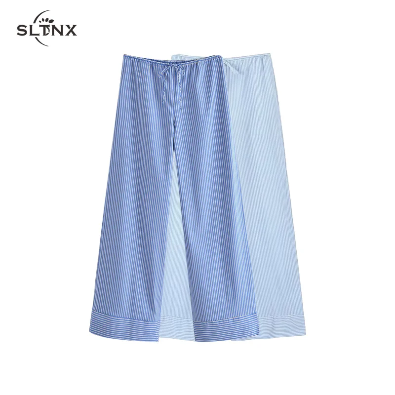 

Брюки женские в полоску с широкими штанинами, модные повседневные свободные штаны с низкой талией, на шнуровке, лето 2023