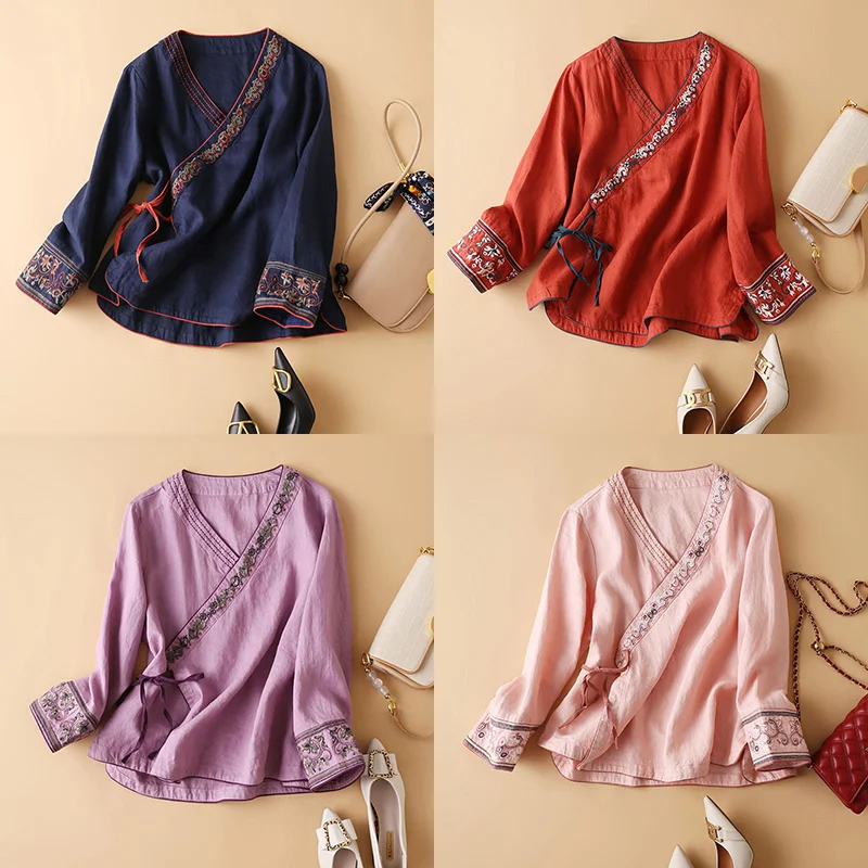Tang suit female Chinese traditional costume vintage top long sleeve tops hanfu ladies Summer tops chinoiserie Chinese blouse women chinese shirt women satin blouse women long sleeve t shirt