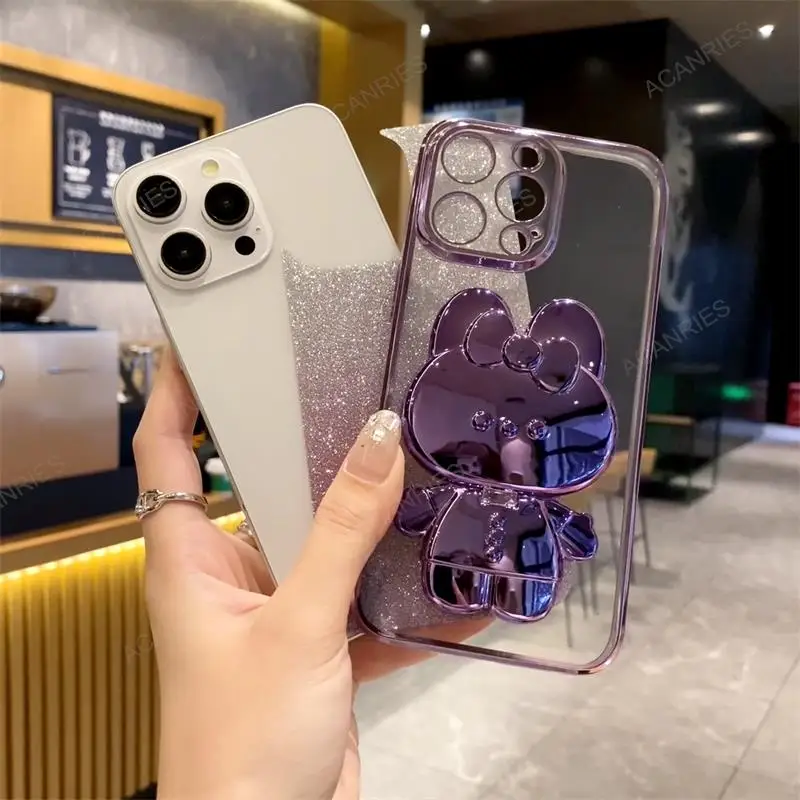 Invisible Makeup Mirror Rabbit Stand Plating Soft Phone Case Cover