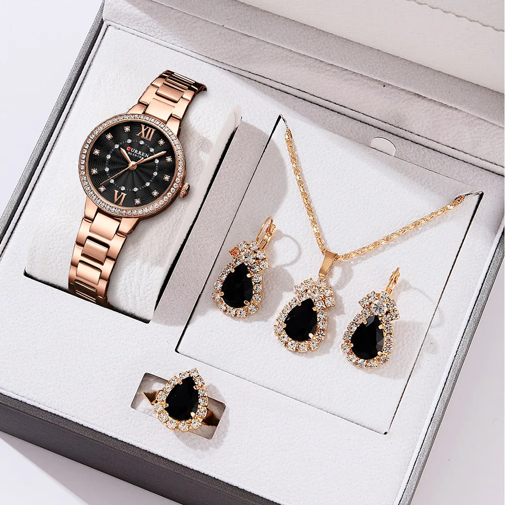 CURREN Luxury Wristwatches for Women Stainless Steel Bracelet Rhinestones Bling Dail Elegant Ladies Watch Gift Jewelry Set 5pcs images - 6