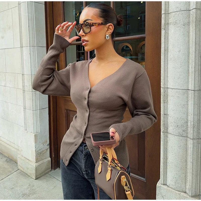 Vintage Women Knit Cardigans Solid V-Neck Long Sleeve Slim Button Sweater Female Fashion Autumn Winter Lady Knitwear New