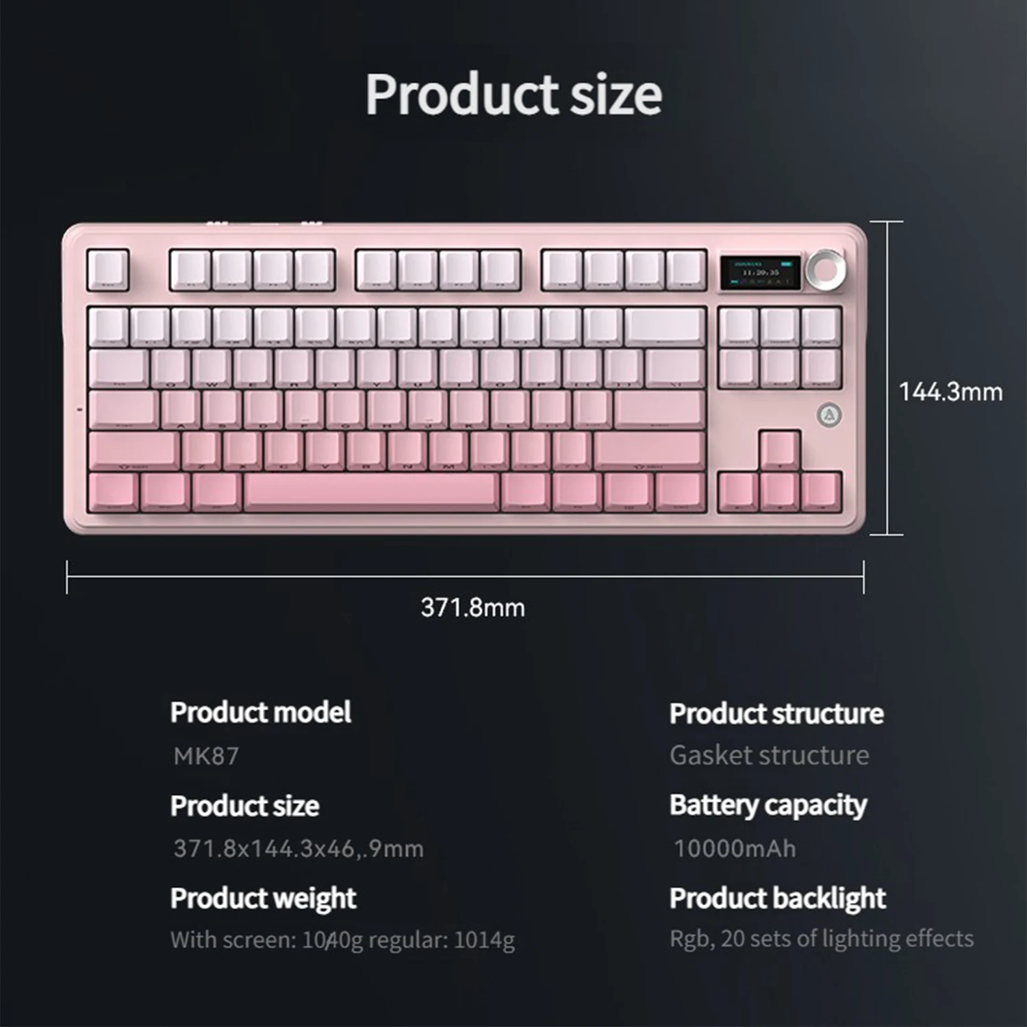 아자즈 MK87 기계식 키보드 가스켓 무선 트라이 모드 10000mAh RGB 백라이트 핫 스왑 키보드 TFT 디스플레이&노브 포함